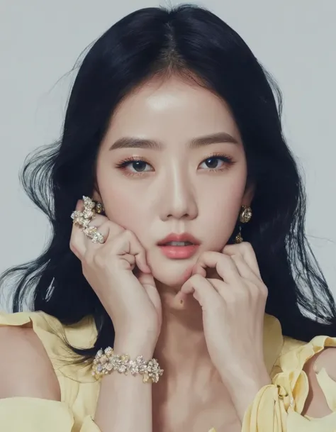 a woman with long black hair and a yellow dress posing for a photo, Shin Min Jeong, heonhwa choe, Lee Ji-eun, Lee Ji-eun, Kim Hyun Joo, kwak ji jovem, sun yunjoo, Parque Ji-min, retrato de jisoo blackpink, Seseon Yoon, Kim Doyoung, Crystal, jiyun chae