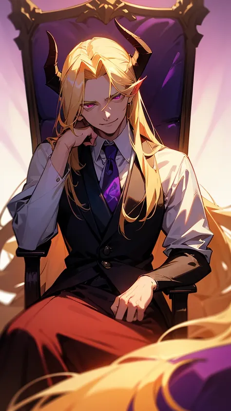 a handsome adult male with long, flowing blonde hair, small demon horns, wearing a refined white shirt, sitting on his throne with an evil smile and glowing purple eyes, detailed face, highly detailed, photorealistic, 8k, masterpiece, dramatic lighting, ci...