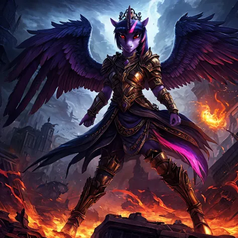 A war-torn apocalyptic city in flames, an evil leader anthro alicorn pony queen Twilight Sparkle with a scar across face, 1girl, corpse, detailed feathered wings and unicorn horn, detailed hands and feet, wearing steel armor, surrounded by dark magic, wear...