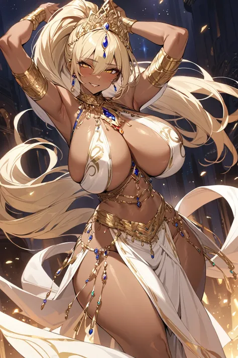 best quality,masterpiece,1girl,dark skinned female,blonde hair,ponytail,harem outfit,dancing,pelvic curtain,night sky,seductive smile,huge breasts,mature female,tiara,jewelry,gold eyes,arms up,solo,gold rane,