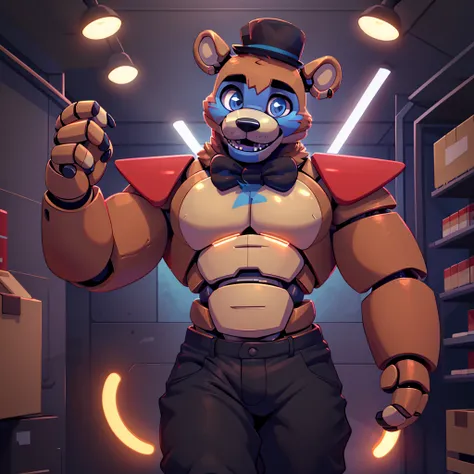 (masterpiece), ((perfect anatomy)), (high res), (4k), bear, buff, strong, wide shoulders, (robot), (animatronic), happy, ((black...