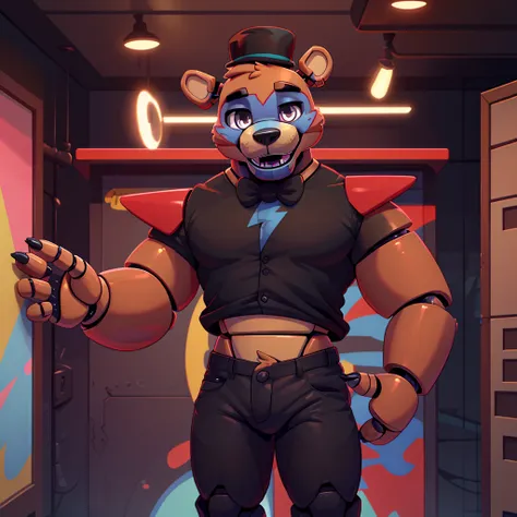 (masterpiece), ((perfect anatomy)), (high res), (4k), bear, buff, strong, wide shoulders, (robot), (animatronic), happy, ((black...