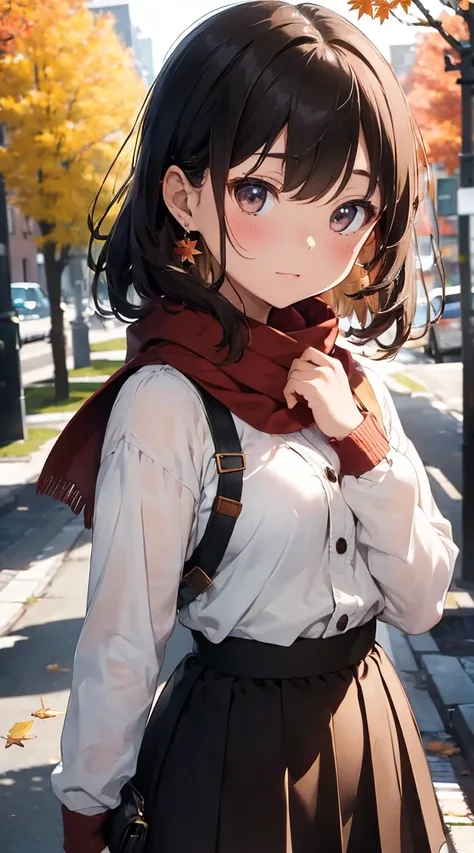 (Highest quality, masterpiece:1.2) One girl, alone, autumn leaves, Have a camera, autumn, Brown Hair, View your viewers, blush, Red scarf, Outdoor, Long sleeve, Maple Leaf, Upper Body, Blurred Background, Depth of written boundary, Earrings, Sleeves are lo...