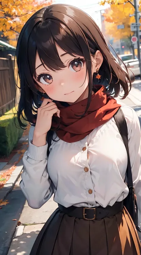 (Highest quality, masterpiece:1.2) One girl, alone, autumn leaves, Have a camera, autumn, Brown Hair, View your viewers, blush, Red scarf, Outdoor, Long sleeve, Maple Leaf, Upper Body, Blurred Background, Depth of written boundary, Earrings, Sleeves are lo...