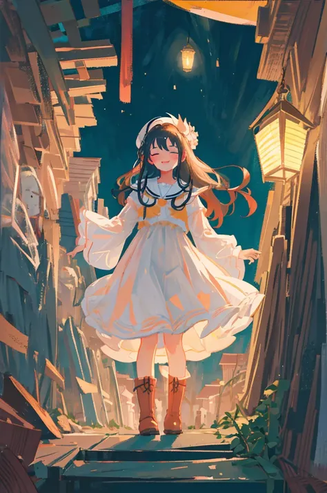 twilight, nightfall, tall lanterns, dusk sea on the background, lighthouse far away, city garden, beautiful, masterpiece, 1-girl, teen aged, long lolita style white dress, happy face, closed eyes, blush on the cheeks, A hand is outstretched towards me, ver...