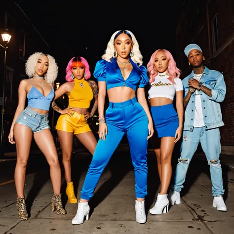 Promotional Photo for Pop Rap Single Bang Bang feat. Alice, Chelsea and Band to Relapse by artist called Doja Cat, group, city, urban, arms