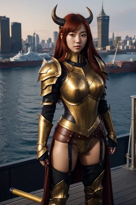 a young Korean woman with golden eyes and lush red hair and large dark red horns, tanned bronze skin, huge chest, dressed in heavy armor of dark silver and gold color, standing on the deck of a ship against the backdrop of a port city, ultrarealism, cinema...