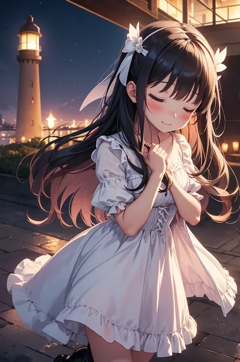 twilight, nightfall, tall lanterns, dusk sea on the background, lighthouse far away, city garden, beautiful, masterpiece, 1-girl, teen aged, long lolita style white dress, happy face, closed eyes, blush on the cheeks, A hand is outstretched towards me, ver...