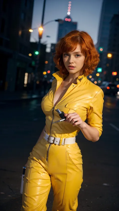 (masterpiece), (best quality), (solo character), (photorealistic:1.4), (chr1sh3n wearing white belt), (april o'neil_v1 costume, ...