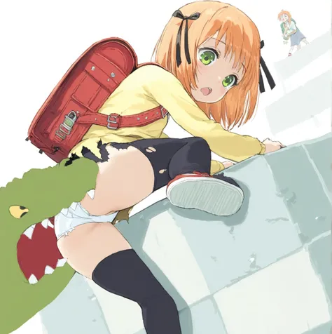 masterpiece, best quality, young girl , torn outfit, torn undies, torn long socks, red shoes, ginger hair, green eyes, surprised, climbing, from below, bare bottom, red backpack, (bitten in the ass by crocodile), cute