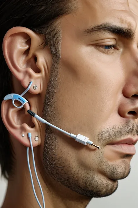 Person bothered by a knot in the cable of his hearing aids 