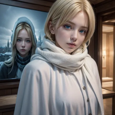 （1 woman，Blonde royal sister，Masterpiece，8k，bust，Best Quality，perfect quality），A modern style，((hands behind the back))，(short blond hair、dyed hair、Heavy winter clothing，white scarf，blue pupils behind the back))，The background is a dark castle.，oil paintin...