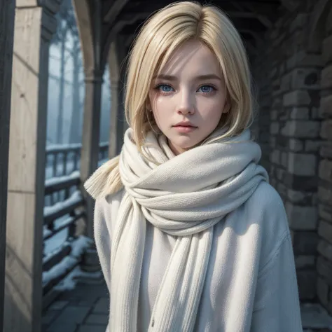 （1 woman，Blonde royal sister，Masterpiece，8k，bust，Best Quality，perfect quality），A modern style，((hands behind the back))，(short blond hair、dyed hair、Heavy winter clothing，white scarf，blue pupils behind the back))，The background is a dark castle.，oil paintin...