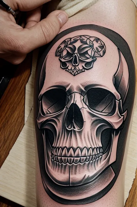 Create a tattoo sketch, combining a skull with skateboards and a liquor bottle 