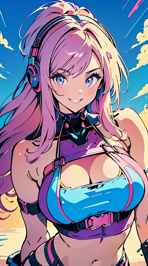 (best quality,4k,8k,highres,masterpiece:1.2),ultra-detailed, anime style, vapor wave aesthetic, line art, huge breasts, bimbo, Slim thicc waifu:1.5, bikini with harness, purple and hot pink background, setting sun, erotic pose:1.5, wearing large headphones...