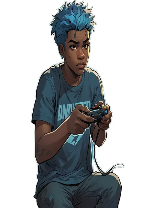 a black teenager with black and blue hair, a blue mark on the right eye, right eye is light blue and the left eye is dark blue, with a look of boredom, a scar above the nose, playing video game