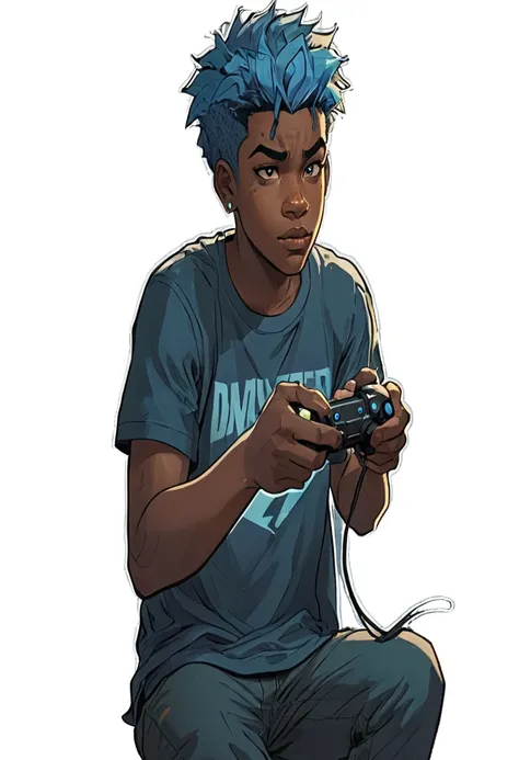 a black teenager with black and blue hair, a blue mark on the right eye, right eye is light blue and the left eye is dark blue, with a look of boredom, a scar above the nose, playing video game