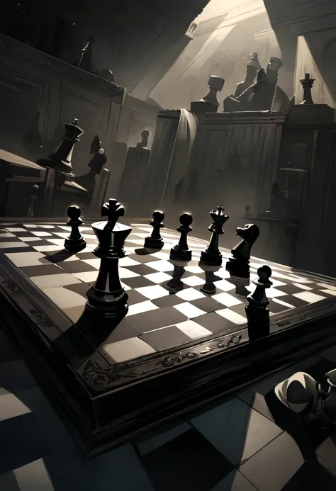 a chessboard with 3 pawns planning to take down the rook, intricate chess pieces, realistic lighting, dramatic shadows, highly detailed, cinematic composition, moody atmosphere, strategic planning, complex narrative, oil painting, muted color palette