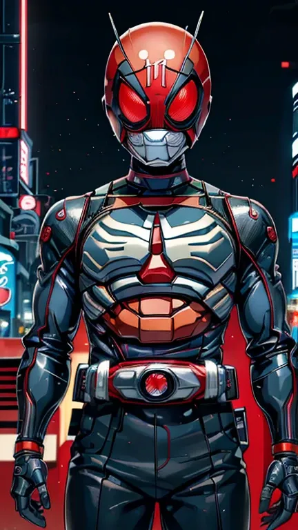 (8k),(masterpiece),(Japanese),(8-year-old boy),((innocent look)),((Childish)),From the front,smile,cute,Innocent,Kind eyes,Flat chest, red helmet, black domino mask, Spider-Man,bald,no Hair,night,dark, Neon light cyberpunk city,Kamen rider,camisa