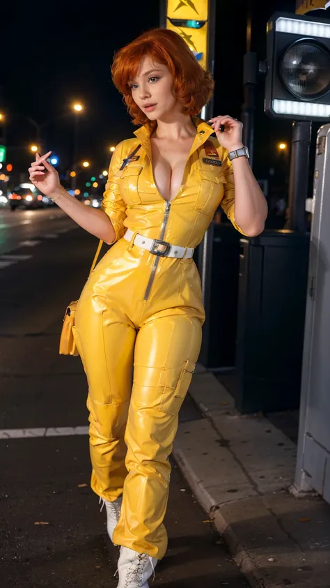 (masterpiece), (best quality), (solo character), (photorealistic:1.4), (chr1sh3n wearing white belt), (April ONeil_v1 costume, jumpsuit), (yellow latex jumpsuit), (apriloneil white belt), (apriloneil boots), (aprilonei wearing watch), (epiCRealLife), (lora...