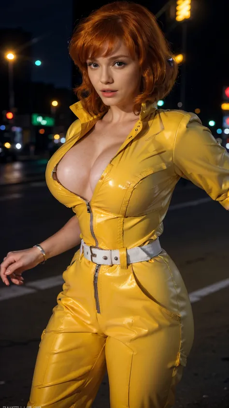 (masterpiece), (best quality), (solo character), (photorealistic:1.4), (chr1sh3n wearing white belt), (April ONeil_v1 costume, jumpsuit), (yellow latex jumpsuit), (apriloneil white belt), (apriloneil boots), (aprilonei wearing watch), (epiCRealLife), (lora...