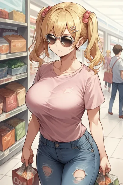 score_9, score_8_superior, score_7_superior, score_6_superior, sauce_anime, Break 1 Girl, onizaki kirara, Blonde, Twin tails, hair ornaments, Pink T-shirt, Large Breasts, sunglasses, Distressed jeans, Shopping mall, I&#39;m watching you,