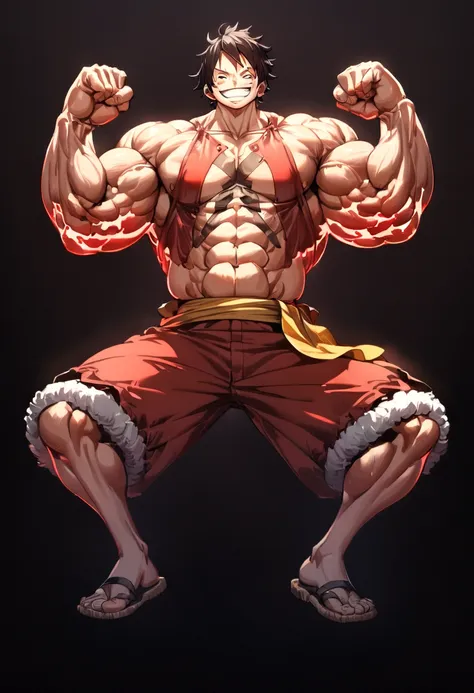 1 male, luffy, one piece, smiling, full body, facial features carefully detailed, hands carefully depicted, very muscular, flexi...