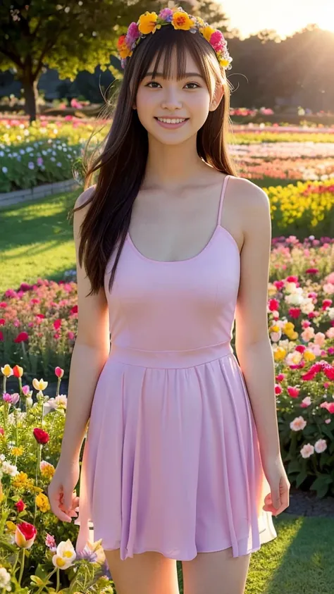 Full body photo,(((Slim body)))),15 years old, twilight rays, naked, flower crown, ((Tokugawaen))), rose front blur, bokeh, photorealistic, surrounded by colorful roses, ((smiling)))))), (1 girl), (sunset:1.3), (8k, RAW photography, best quality, masterpie...