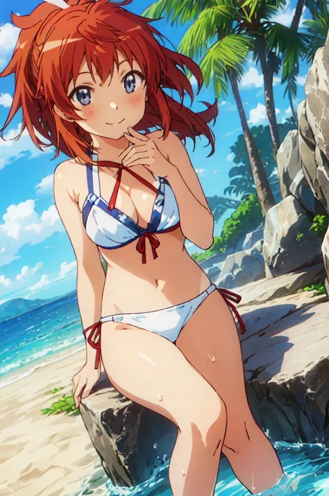 anime girl in a bikini sitting on a rock on the beach, on a sunny beach,  in bikini, at a beach, on a beach, in a bikini, in the beach, official anime still, at the beach, , is wearing a swimsuit, official art, azur lane style, splash art anime , lolish, a...