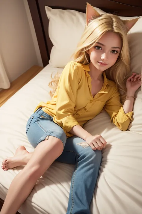  Disney Pixar style with long blonde hair dark brown eyes yellow blouse short jeans barefoot drawing in bed with a cat 