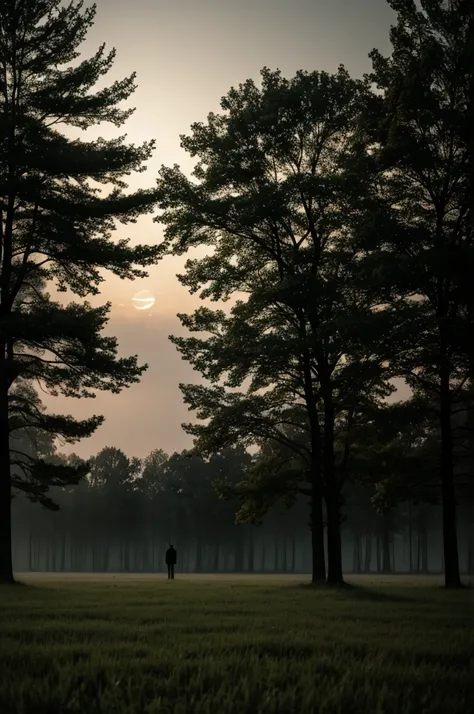 Dark night drawing in the field with trees 