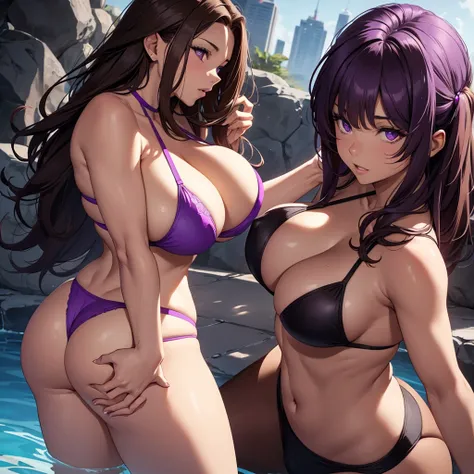 A woman with brown hair and purple eyes with big breasts and a huge ass in a small purple bikini having violent sex with a muscular black man with a huge penis discovering a hidden crystal clear pool 