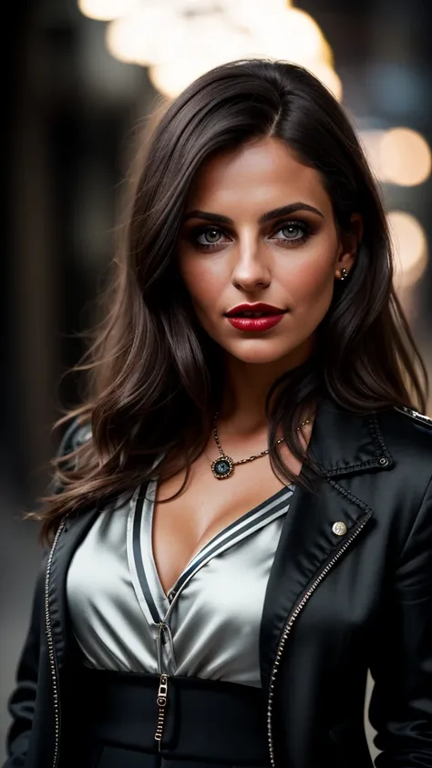 dark and gloomy, 8 k, Closeup photo of a 30 year old brunette Brazilian businesswoman on a dark background at night, (realistic dark brown straight hair with light waves) , draw up, Red lips, Blue eyes, (In a black Chanel jacket, black silk blouse and blac...