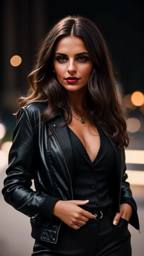 dark and gloomy, 8 k, Closeup photo of a 30 year old brunette Brazilian businesswoman on a dark background at night, (realistic dark brown straight hair with light waves) , draw up, Red lips, Blue eyes, (In a black Chanel jacket, black silk blouse and blac...