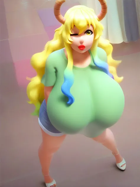 masterpiece, 1girl, mature female, best quality, (cleavage:0.2), (gigantic breasts:1.0), big eyes, (curvy:0.8), caustics, Lucoa - Maid Dragon, blonde hair, gradient hair, heterochromia, yellow eye, green eye, horns, one eye closed, lucoa, Lucoa - Dragon Ma...