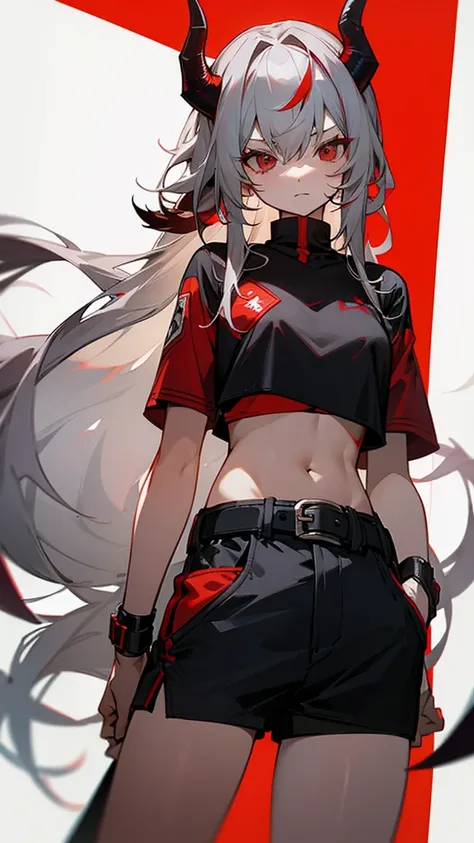 horn、red、black、Long Hair、Gray Hair、strong、devil、Shorts、belt