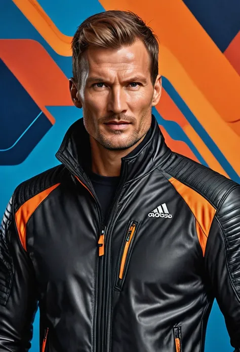 (Best quality), (Highly detailed), (High resolution), (8K), (Realistic), (Portrait), Half body, A Dutch man named Hans van der Meer, with a rugged, masculine face texture and a defined mid-jawline, looking energetic in sport attire, standing confidently ag...