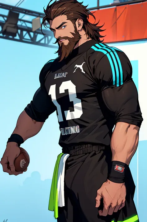 Man,17 years old, strong, tall, brown hair, he wears football clothes and the other wears black clothes with neon blue details, wears anime, charismatic, beard