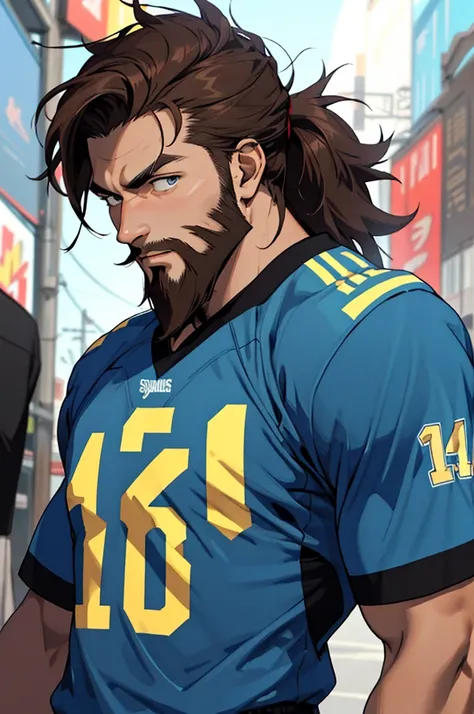 Man,17 years old, strong, tall, brown hair, he wears football clothes and the other wears black clothes with neon blue details, wears anime, charismatic, beard