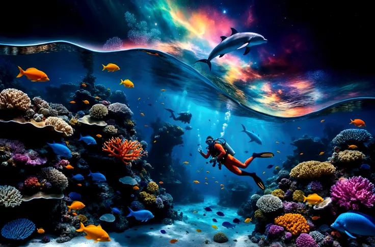 the image showcases a hyper-realistic and fantastical style, blending elements of underwater photography with digital art touches.(( A detailed diver in full gear explores a vibrant coral reef )), surrounded by multicolored fish that emit pulsating lights....