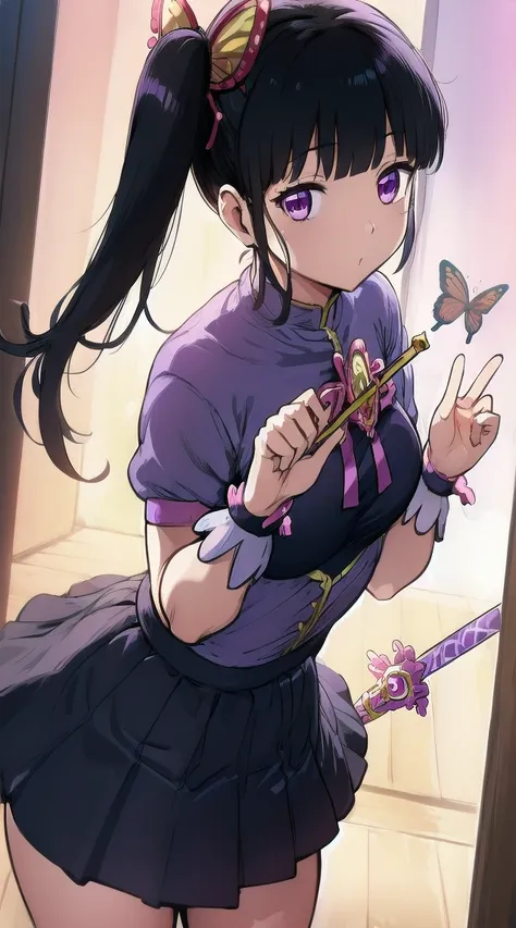 1girl,
BREAK (( kanao tsuyuri, black hair, butterfly, butterfly hair ornament, (purple eyes:1.1), side ponytail, ponytail,
:1))
BREAK ((magical girl cosplay,wand,effect,magical girl skirt:1.5))
BREAK indoors,
BREAK looking at viewer, 
BREAK (masterpiece:1....