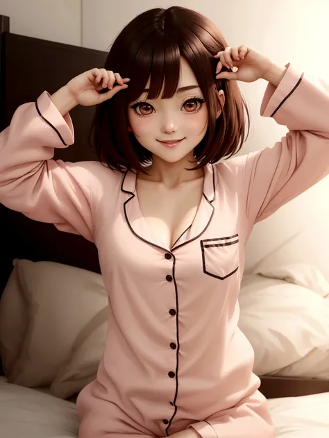 Adult female、Anime characters、Brown bob hair、black eye、blush、Embarrassed、Big round eyes、anime girl,smile,cute face,pajamas、bed、Sexy pose、HQ、high resolution、乱れたpajamas、Accentuate the chest、Raise your arms、Out of place clothes、legitimate