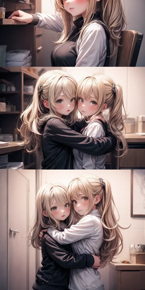 (masterpiece, best quality) 2girls, hug, blonde, size difference