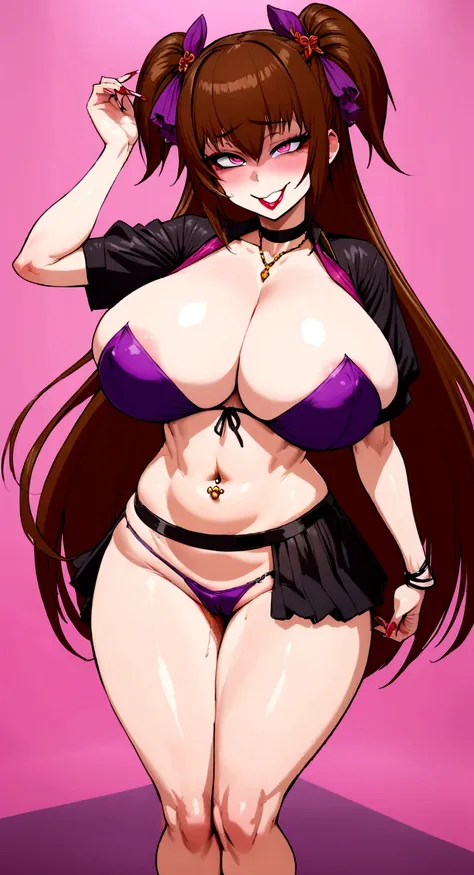 big lips, Brown hair, pink eyes, japanese face, improve, improve grin, two sides up, huge breasts, Wide hips, sexy, detailed, pink room, Hits, (evil smile1.4), kawaii, skirt lewd, lewd, GOOD, lewd costume, lewd shirt,  choker, lewd skirt, lewd shirt,navel ...