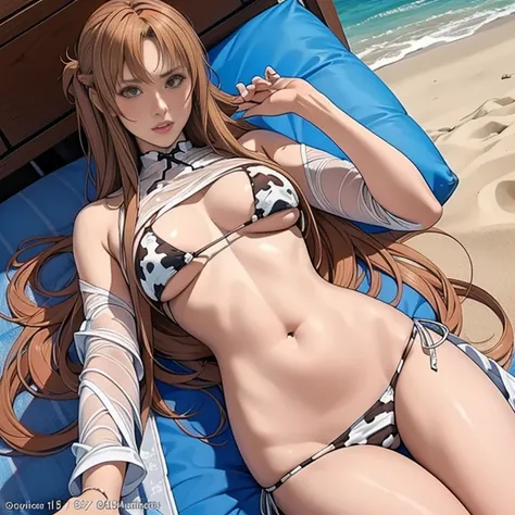 nsfw, best quality, official art, masterpiece, textile shading, HDR, very detailed, colorful, best details, (Adult,19 years old, One Girl, alone, yuuki asuna, hentai:1.5, bitch, very long hair, curly hair, brown hair, cow print bikini:1.5, medium breast, s...