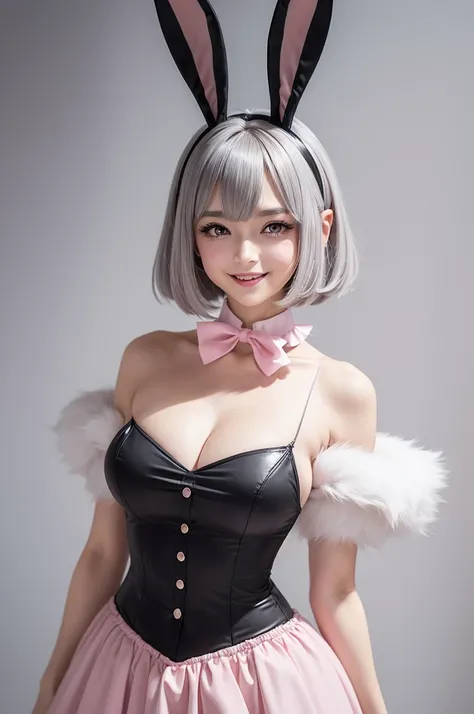 an anthropomorphic character with rabbit-like features. She has long, furry ears, short gray hair, pink eyes and a slightly mischievous smile. The character wears an outfit that resembles a bunny costume., including a black bow at the neck and a blouse wit...