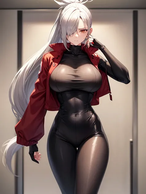 Tall, slim, She has long grey hair tied back in an enormous, messy ponytail that reaches down to her thighs, some of her hair is covering one of her eyes, She wears a red jacket over a light red full-body suit, golden eyes