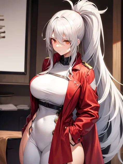 Tall, slim, She has long grey hair tied back in an enormous, messy ponytail that reaches down to her thighs, some of her hair is covering one of her eyes, She wears a red jacket over a light red full-body suit, golden eyes