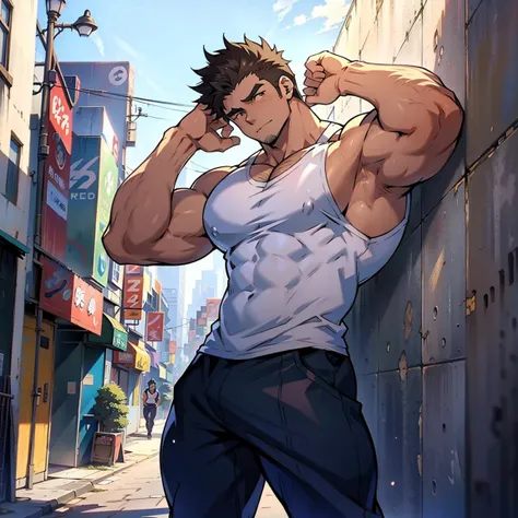 ((anime style art)), extremely muscular male character., bodybuilder body, wearing a sleeveless v-neck shirt, hands raised at ne...