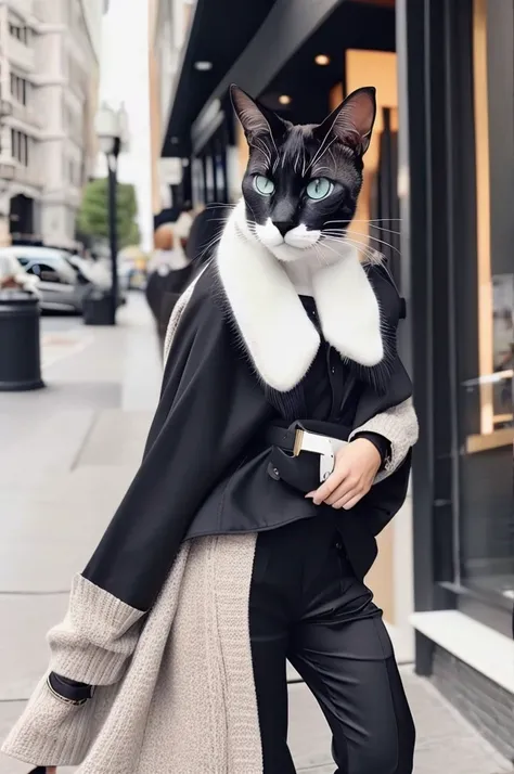 Stylish Siamese cat in black clothes and long hair